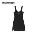 Black Cotton Blend Logo Graphic Scoop Neck Fitted Knit Tank Mini Dress for Women