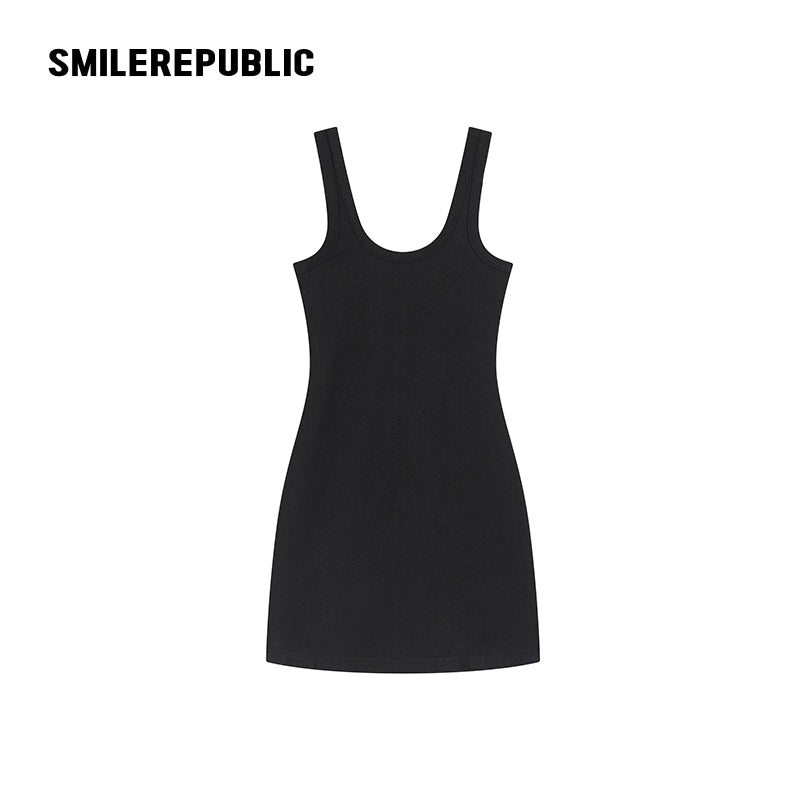 Black Cotton Blend Logo Graphic Scoop Neck Fitted Knit Tank Mini Dress for Women