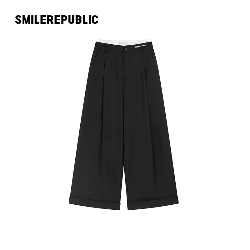 Black Wool Blend Double Waist Pleated Wide Leg Cuffed Casual Pants for Women