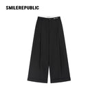 Black Wool Blend Double Waist Pleated Wide Leg Cuffed Casual Pants for Women
