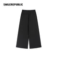 Black Wool Blend Double Waist Pleated Wide Leg Cuffed Casual Pants for Women