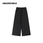 Black Wool Blend Double Waist Pleated Wide Leg Cuffed Casual Pants for Women