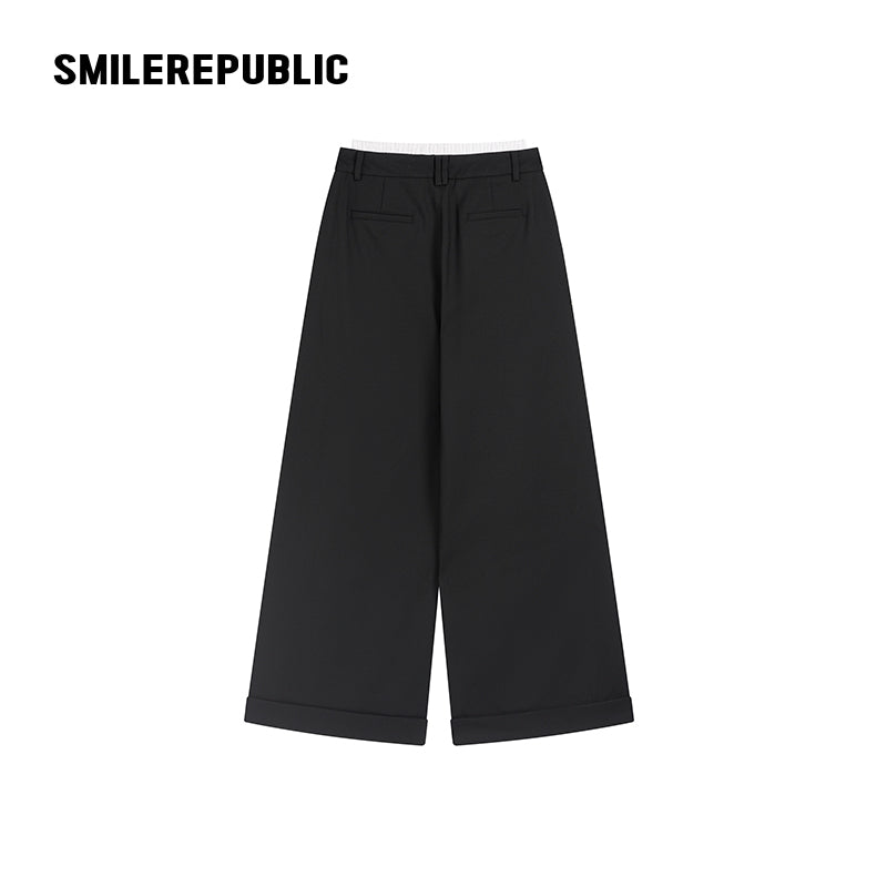 Black Wool Blend Double Waist Pleated Wide Leg Cuffed Casual Pants for Women