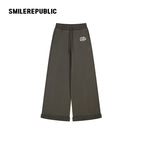Dark Green 100% Cotton A-Line Wide Leg Sweatpants with Drawstring Waist and Logo Graphic