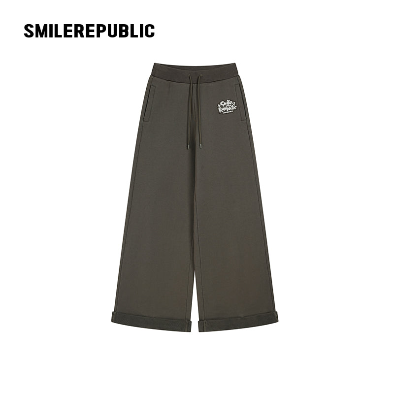 Dark Green 100% Cotton A-Line Wide Leg Sweatpants with Drawstring Waist and Logo Graphic