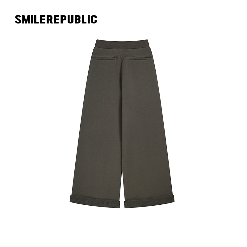 Dark Green 100% Cotton A-Line Wide Leg Sweatpants with Drawstring Waist and Logo Graphic