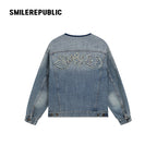 Denim Blue Washed 100% Cotton Oversized Zip Front Denim Jacket with Frayed Back Graphic