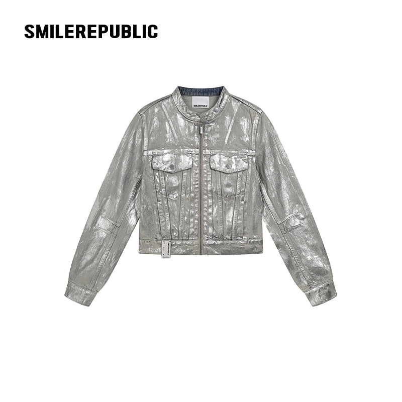 Silver Metallic Coated Cotton Denim Jacket, Cropped Zip Front Stand Collar Style