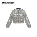 Silver Metallic Coated Cotton Denim Jacket, Cropped Zip Front Stand Collar Style