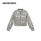 Silver Metallic Coated Cotton Denim Jacket, Cropped Zip Front Stand Collar Style