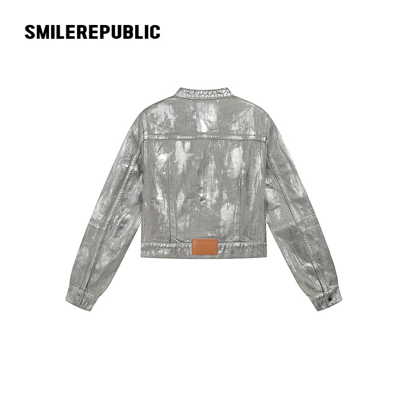 Silver Metallic Coated Cotton Denim Jacket, Cropped Zip Front Stand Collar Style