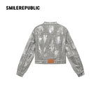 Silver Metallic Coated Cotton Denim Jacket, Cropped Zip Front Stand Collar Style