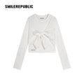 White 100% Cotton Sculptural 3D Bow Long Sleeve Crew Neck Top for Women