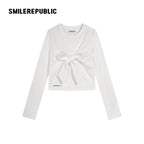 White 100% Cotton Sculptural 3D Bow Long Sleeve Crew Neck Top for Women