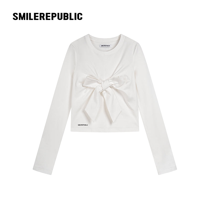 White 100% Cotton Sculptural 3D Bow Long Sleeve Crew Neck Top for Women