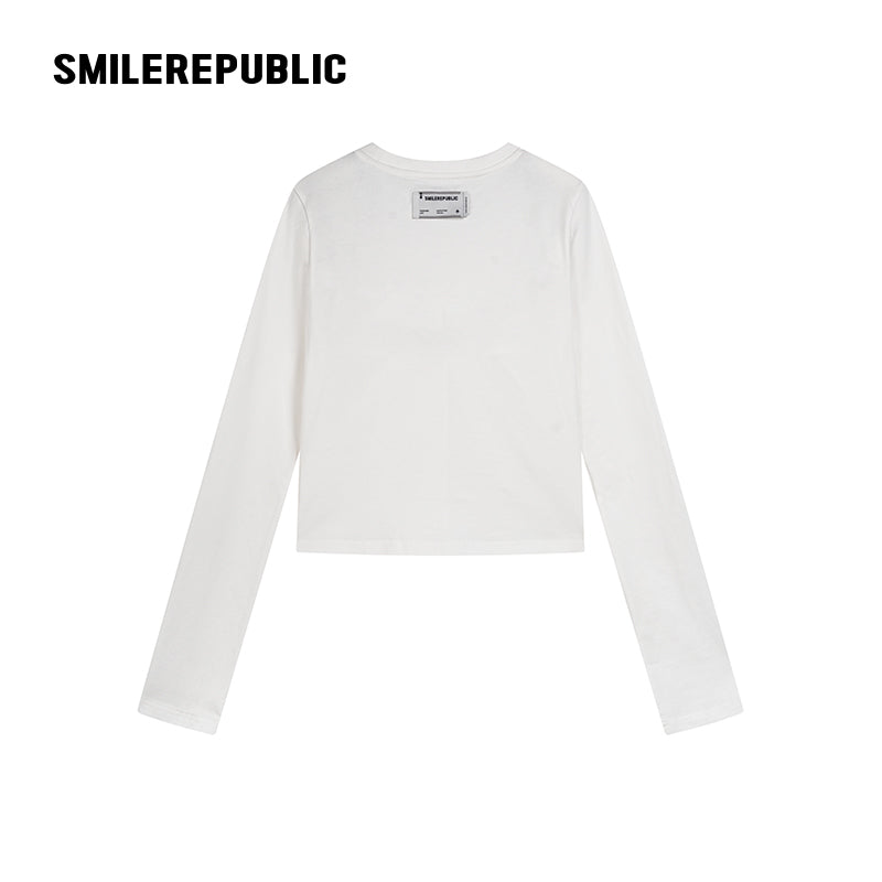 White 100% Cotton Sculptural 3D Bow Long Sleeve Crew Neck Top for Women