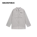 Gray Striped 100% Cotton Oversized Long Sleeve Button-Up Shirt with Chest Pockets