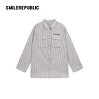 Gray Striped 100% Cotton Oversized Long Sleeve Button-Up Shirt with Chest Pockets