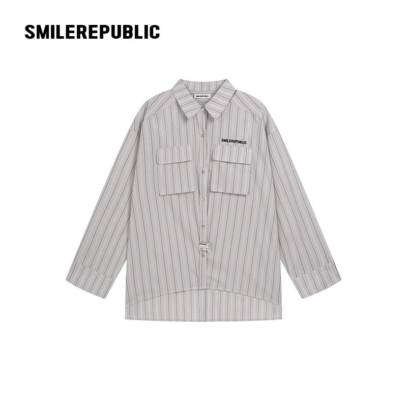 Gray Striped 100% Cotton Oversized Long Sleeve Button-Up Shirt with Chest Pockets