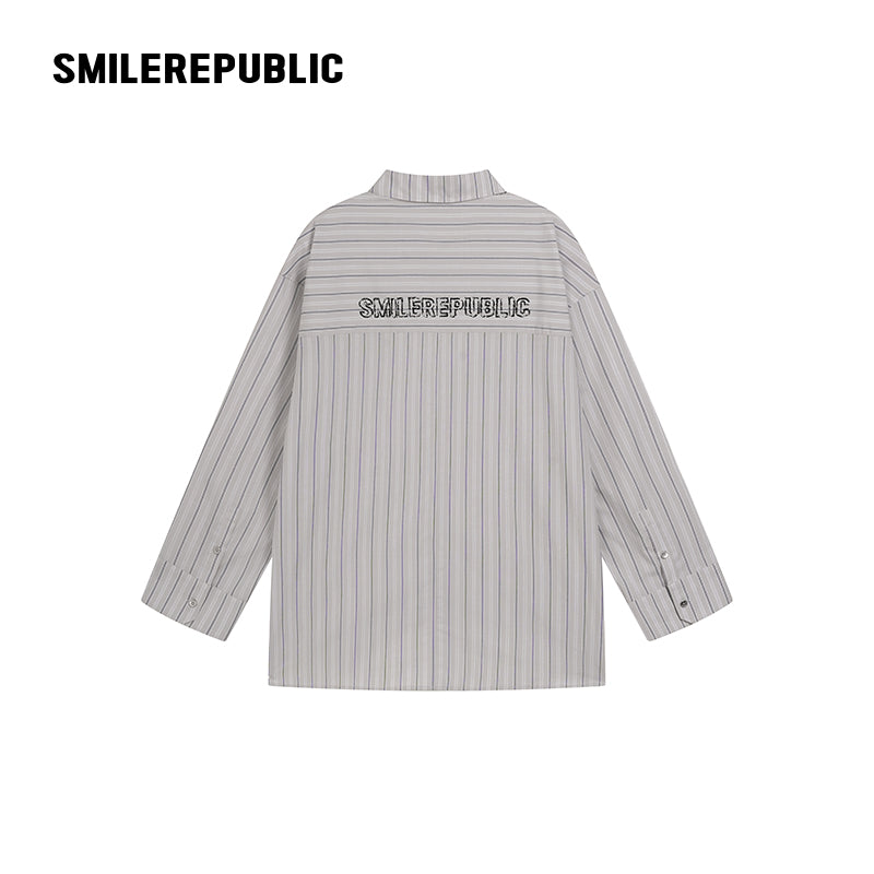 Gray Striped 100% Cotton Oversized Long Sleeve Button-Up Shirt with Chest Pockets