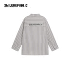 Gray Striped 100% Cotton Oversized Long Sleeve Button-Up Shirt with Chest Pockets