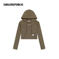 Dark Green-Gray Stretch Regenerated Cellulose Wool Blend Slim Fit Cropped Graphic Hoodie for Women