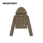 Dark Green-Gray Stretch Regenerated Cellulose Wool Blend Slim Fit Cropped Graphic Hoodie for Women