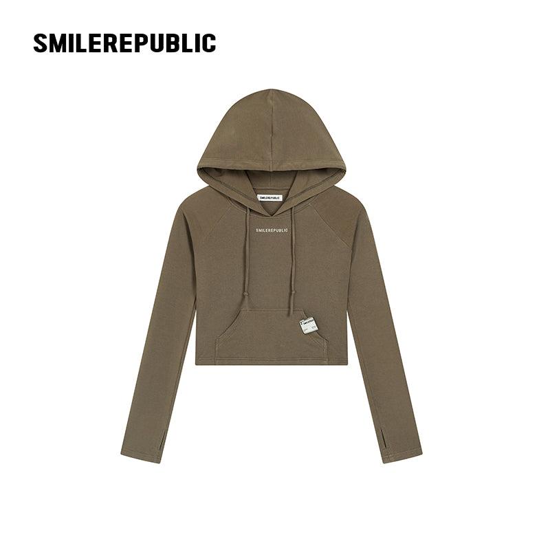 Dark Green-Gray Stretch Regenerated Cellulose Wool Blend Slim Fit Cropped Graphic Hoodie for Women