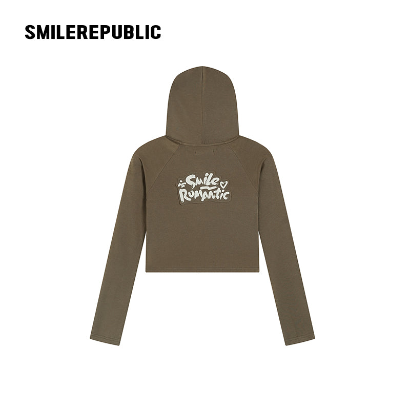 Dark Green-Gray Stretch Regenerated Cellulose Wool Blend Slim Fit Cropped Graphic Hoodie for Women