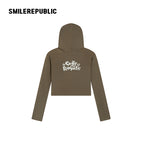 Dark Green-Gray Stretch Regenerated Cellulose Wool Blend Slim Fit Cropped Graphic Hoodie for Women