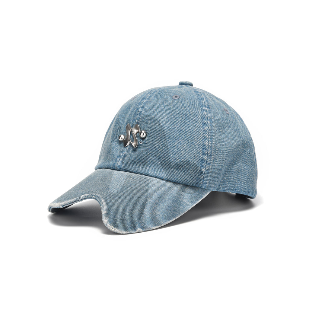 Light Blue Denim Baseball Cap with Metal Smile Logo Detail Adjustable Strap Unisex Hat