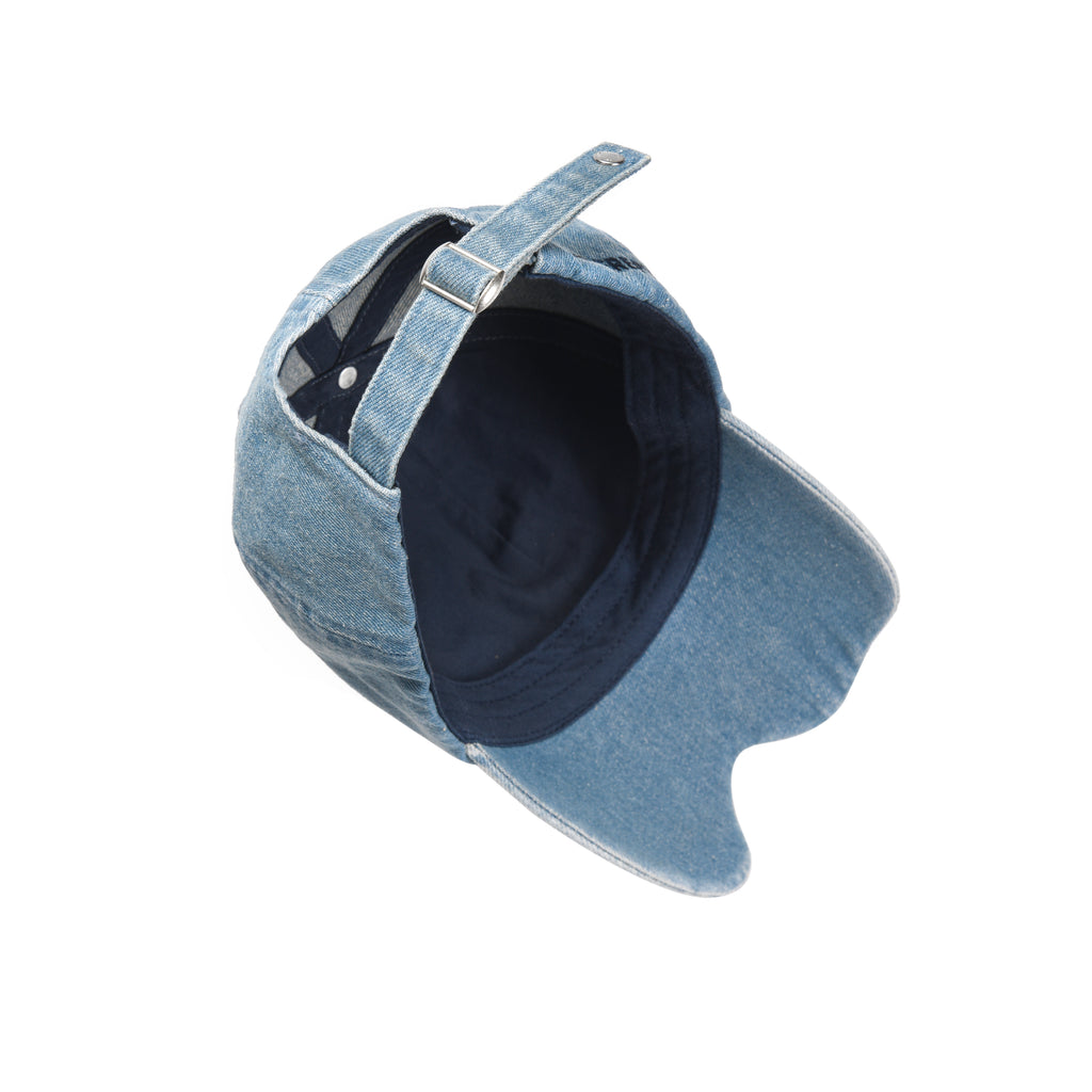 Light Blue Denim Baseball Cap with Metal Smile Logo Detail Adjustable Strap Unisex Hat