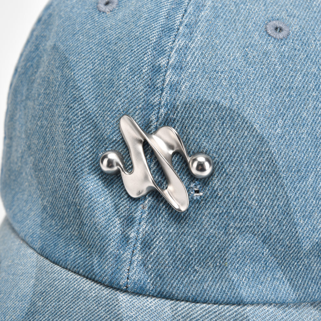 Light Blue Denim Baseball Cap with Metal Smile Logo Detail Adjustable Strap Unisex Hat