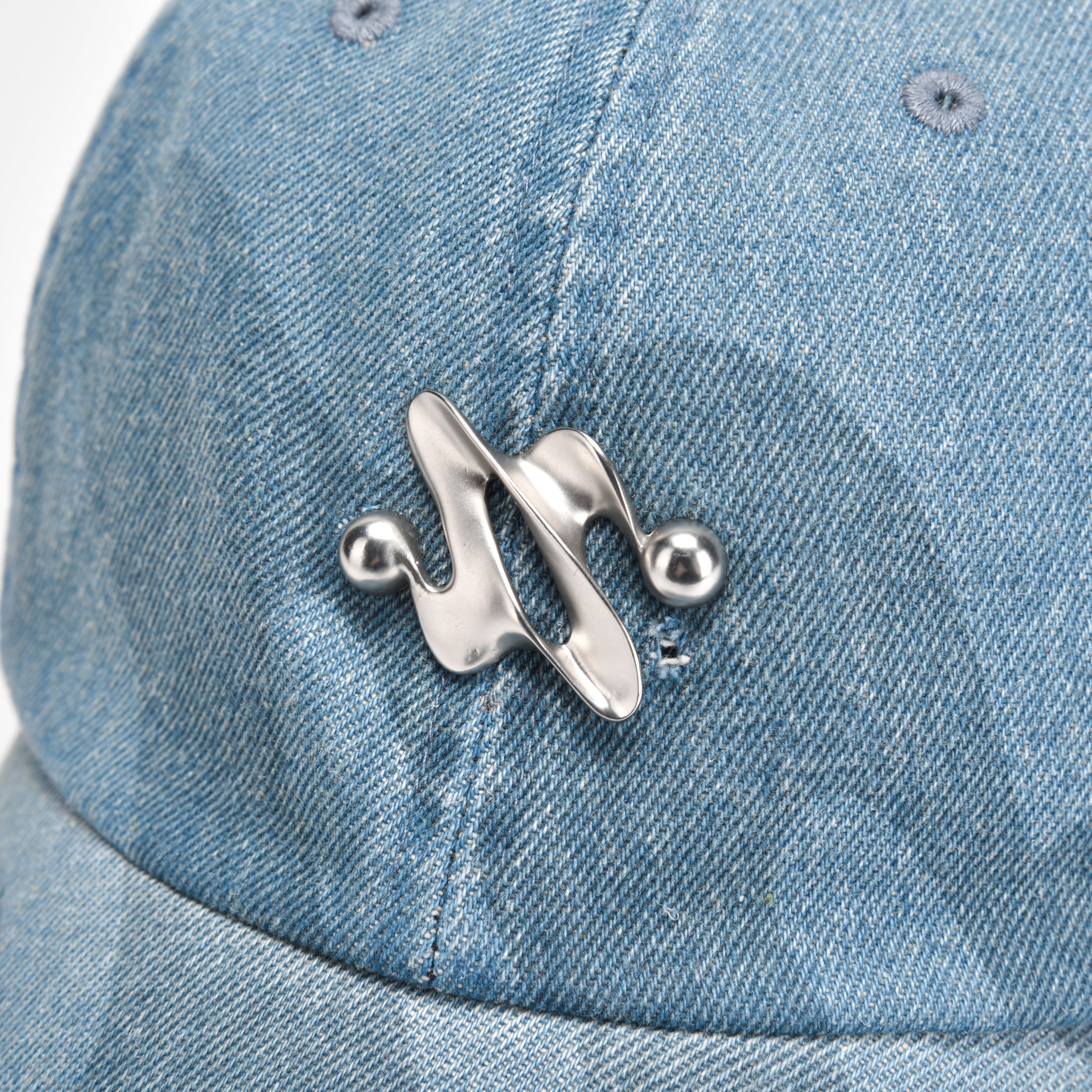 Light Blue Denim Baseball Cap with Metal Smile Logo Detail Adjustable Strap Unisex Hat