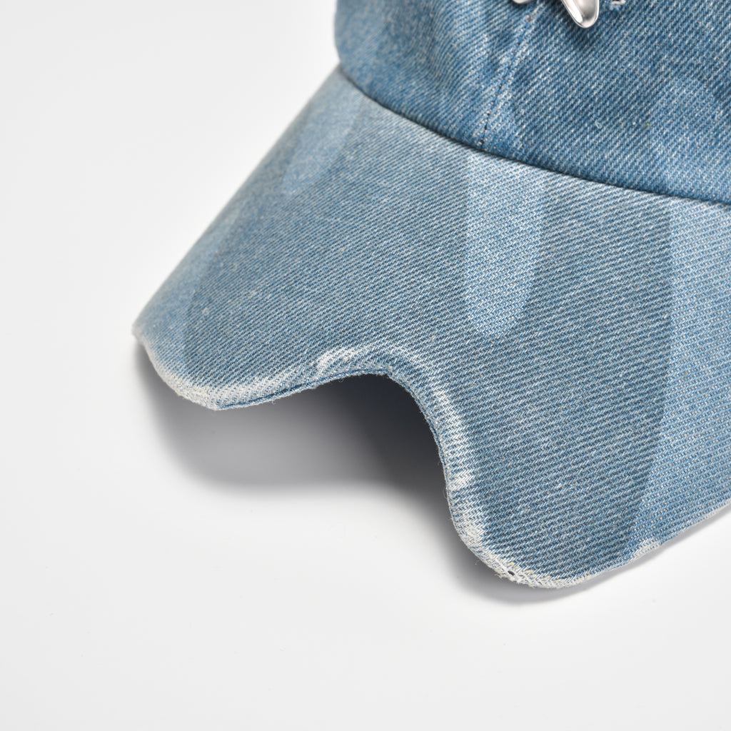 Light Blue Denim Baseball Cap with Metal Smile Logo Detail Adjustable Strap Unisex Hat