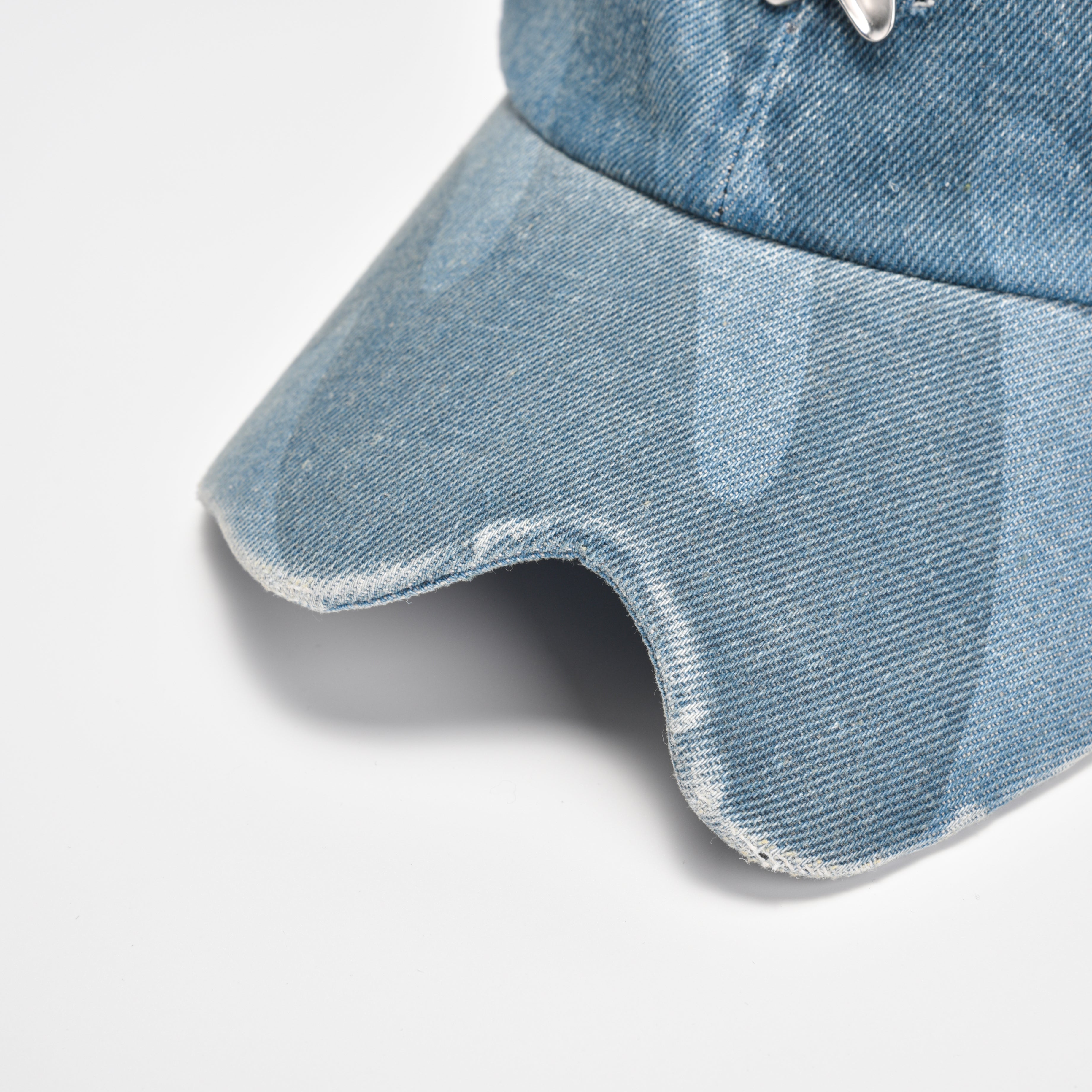 Light Blue Denim Baseball Cap with Metal Smile Logo Detail Adjustable Strap Unisex Hat