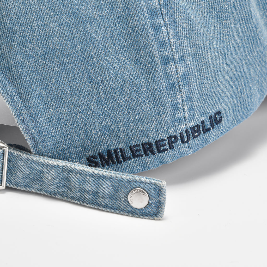 Light Blue Denim Baseball Cap with Metal Smile Logo Detail Adjustable Strap Unisex Hat