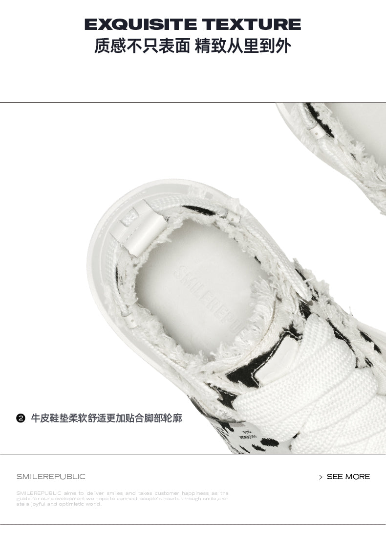Black and White Spotted Canvas Platform Sneakers with Replaceable Smile Toe Design 详情图 2