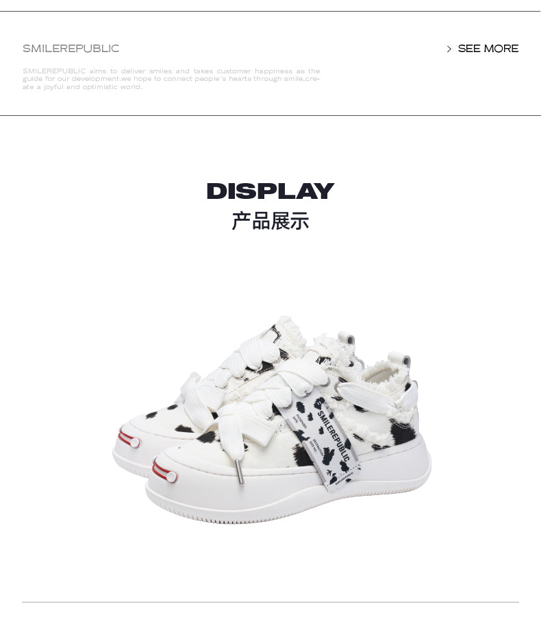 Black and White Spotted Canvas Platform Sneakers with Replaceable Smile Toe Design 详情图 5
