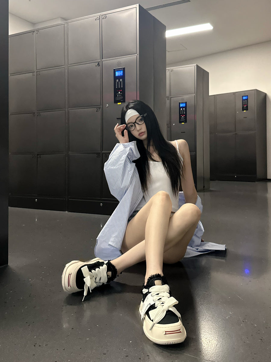 Black Frayed Canvas Platform Sneakers, Unisex Low Top Lace Up Shoes 详情图 4