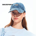 Light Blue Denim Baseball Cap with Metal Smile Logo Detail Adjustable Strap Unisex Hat
