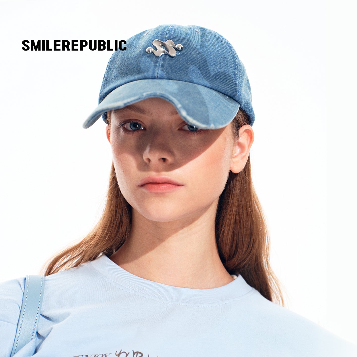 Light Blue Denim Baseball Cap with Metal Smile Logo Detail Adjustable Strap Unisex Hat