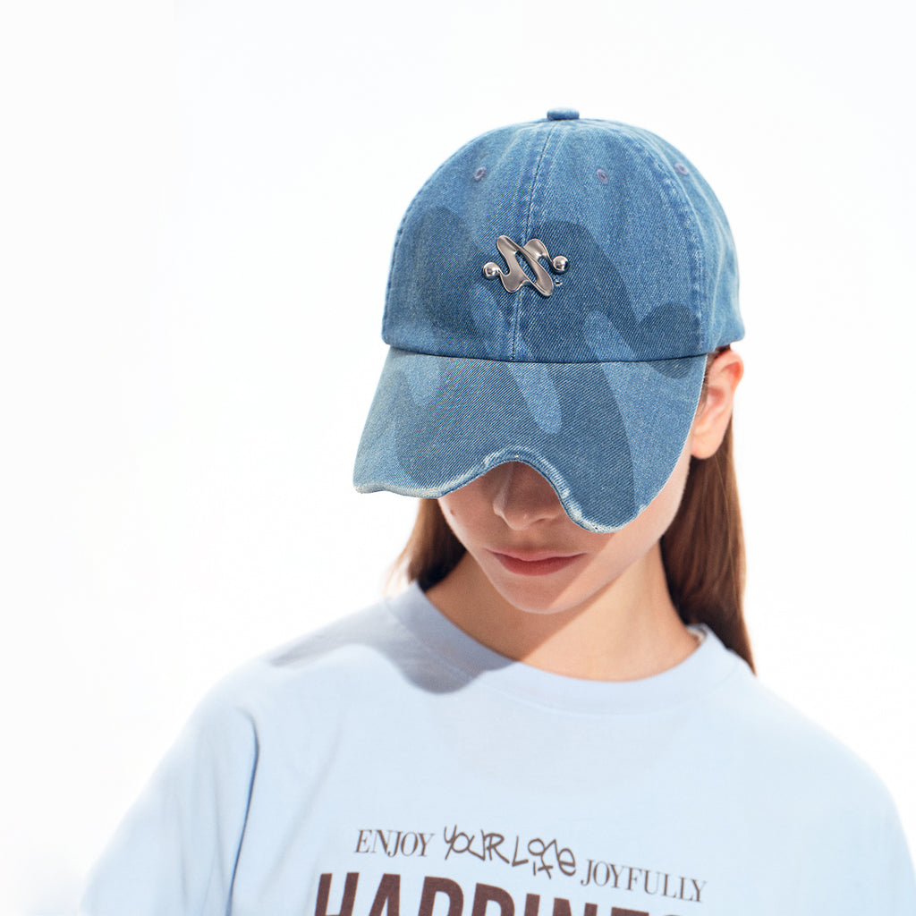 Light Blue Denim Baseball Cap with Metal Smile Logo Detail Adjustable Strap Unisex Hat