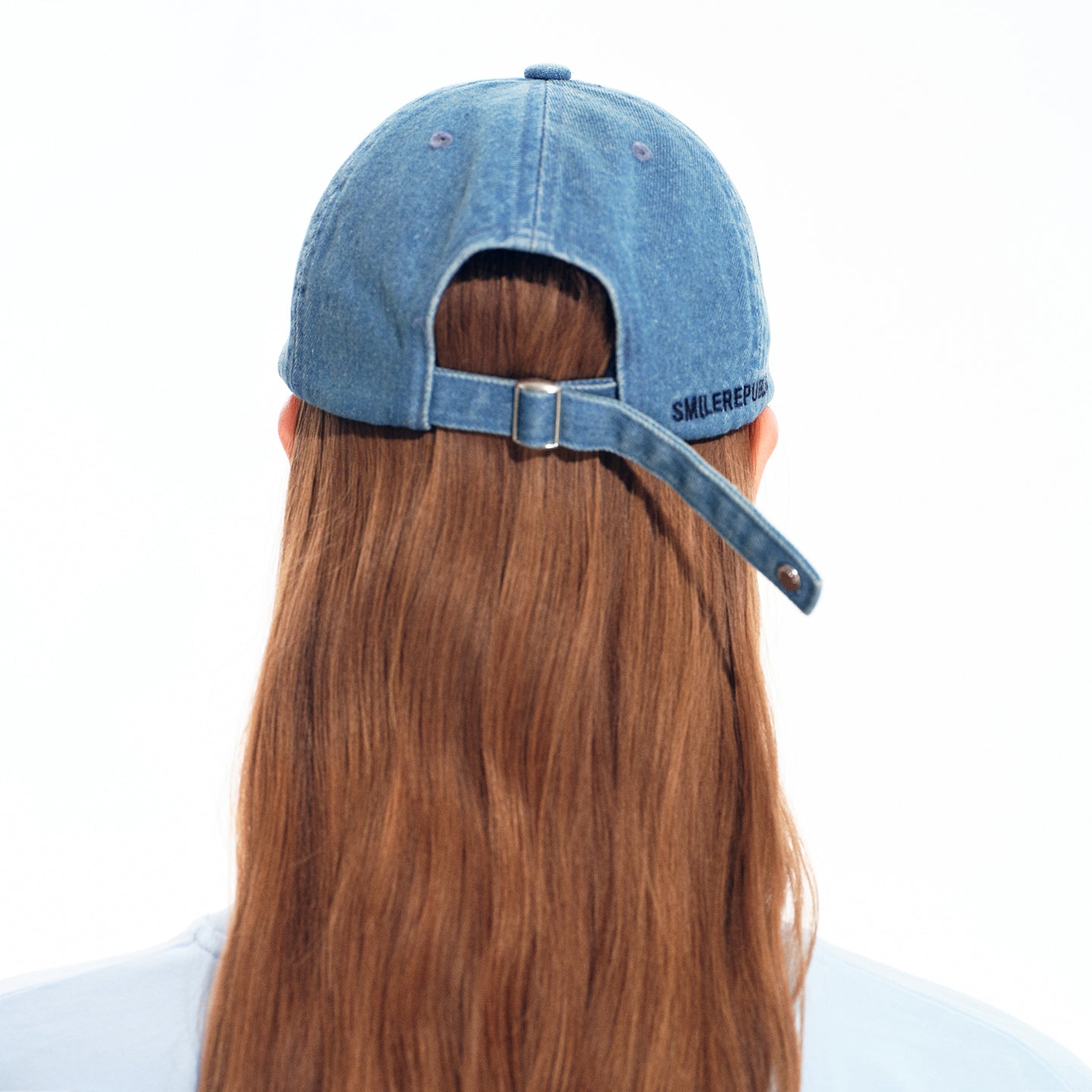 Light Blue Denim Baseball Cap with Metal Smile Logo Detail Adjustable Strap Unisex Hat