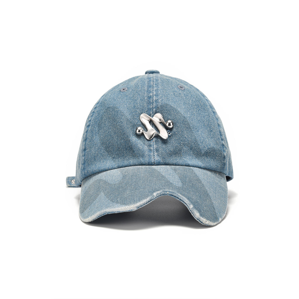 Light Blue Denim Baseball Cap with Metal Smile Logo Detail Adjustable Strap Unisex Hat