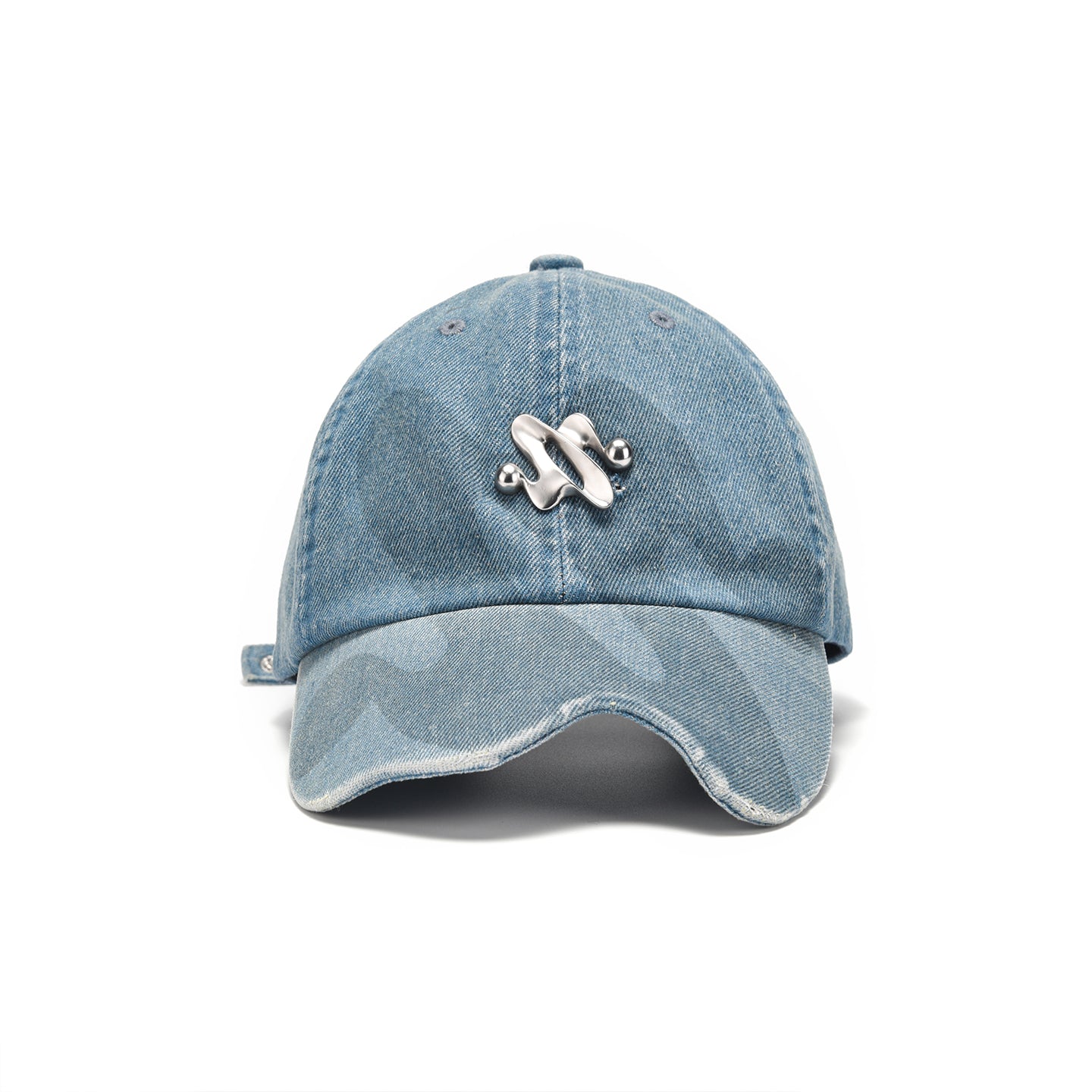 Light Blue Denim Baseball Cap with Metal Smile Logo Detail Adjustable Strap Unisex Hat