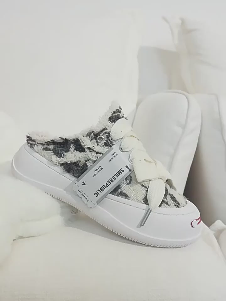 Black White Frayed Herringbone Platform Sneaker Mules, Unisex Backless Lace Up Shoes