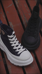 Navy Blue Smile Toe Canvas Chunky Platform High Top Lace Up Sneakers