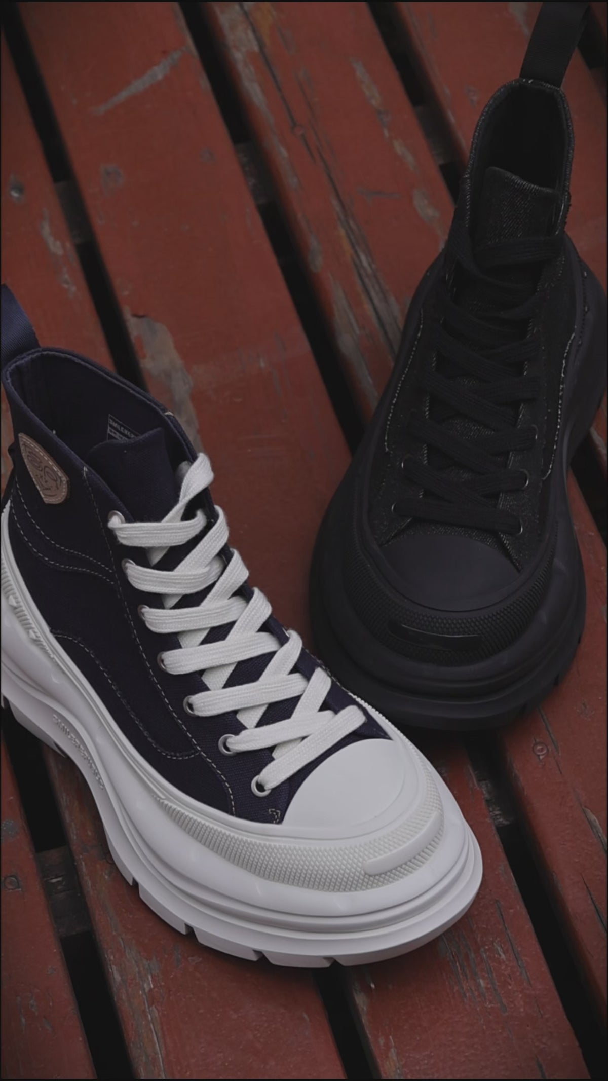 Black Smile Toe Canvas Chunky Platform High Top Sneakers, Unisex Lace-Up Casual Streetwear Shoes
