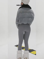 Light Blue Denim Cropped Puffer Jacket with 90% White Duck Down Fill and Plush Stand Collar